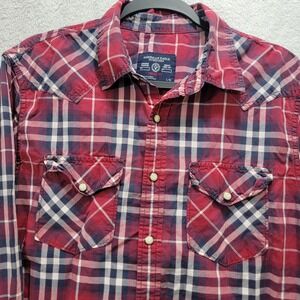 American Eagle‎ Outfitters Pearl Snap Shirt Mens L Red Plaid Western Vintage Fit